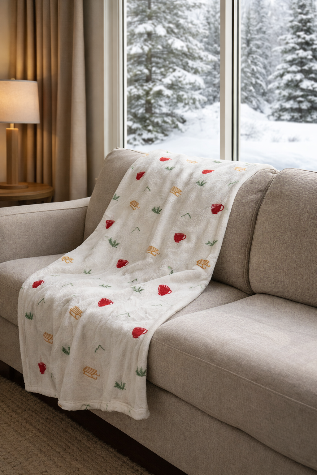 Couverture douce sur divan, texture moelleuse.
